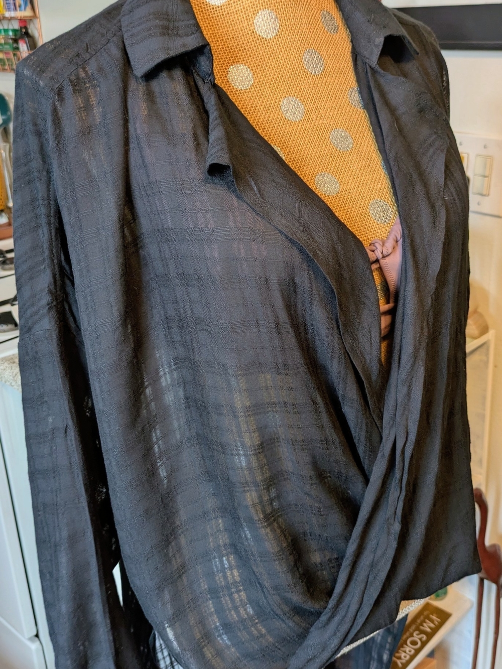 Sheer Black Draped Wrap Blouse bohemian features voluminous long Sleeves